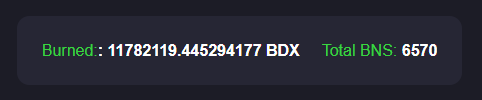 A dark interface displays the text 'Burned : 11782119.445294177 BDX   Total BNS : 6570' in green and white lettering.