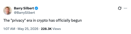 A white Twitter post with a brown background, featuring a photo of a man and the text "The 'privacy' era has officially begun" from @BarneySilbert.