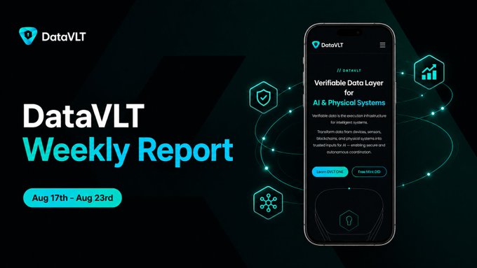 A dark-themed promotional graphic titled "DataVLT Weekly Report" dated "Aug 17th - Aug 23rd" features the DataVLT logo alongside a mockup of the project's homepage displaying "Verifiable Data Layer for AI & Physical Systems" with "Launch DataVLT" and "Free Mint CMD" buttons. The design visually supports the post's announcement of ecosystem expansion and a DataVLT × ENI giveaway, showcasing the project's multi-layered approach to data infrastructure.