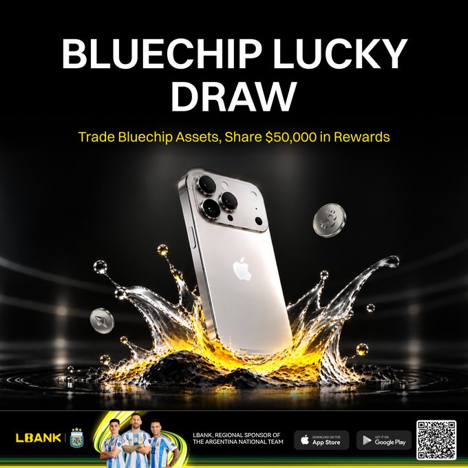 A promotional banner for LBank's "Bluechip Lucky Draw" offering $50,000 in rewards, featuring an iPhone surrounded by gold liquid splashes and coins, with the platform identified as the regional sponsor of the Argentina national team and available on the App Store and Google Play. The image visually reinforces the campaign's main prize—an iPhone—while the accompanying post details how users can earn draw chances by depositing and trading on LBank.