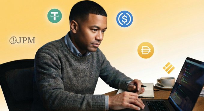 A man works on a laptop with cryptocurrency logos (Tether, USDC, Bitcoin, JPM) floating around him.