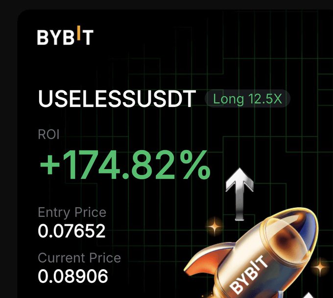 A Bybit trading app screenshot showing a long position on USELESSUSDT with 12.5X leverage, displaying an ROI of +174.82%, entry price 0.07652, and current price 0.08906.