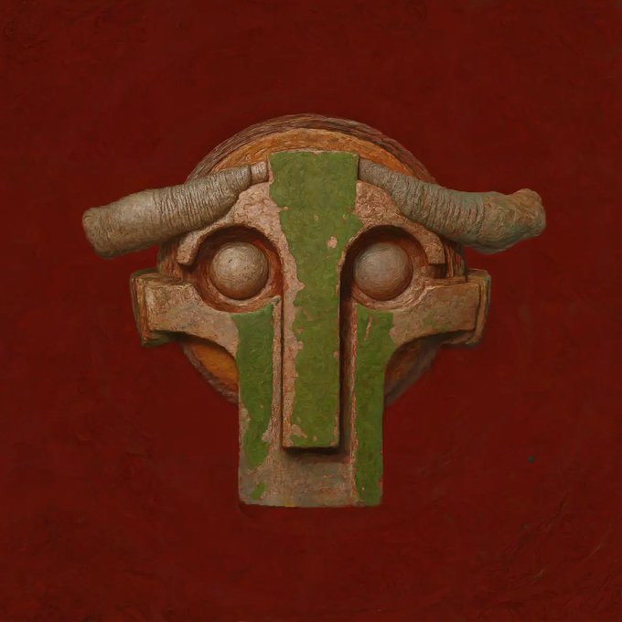 A weathered green and brown carved mask with horns and round eyes, set against a dark red background.