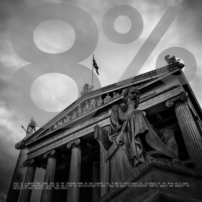 A black-and-white image of a grand neoclassical building, likely a European financial or governmental institution, featuring a prominent statue and columns, with a large "8%" watermark and OKX marketing disclaimer text at the bottom regarding crypto/digital asset trading. The image complements the post about OKX's compliance with the EU's MiCA regulations by visually evoking traditional European financial authority.