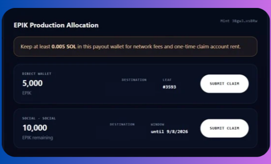 A dark-themed dashboard interface titled 'EPIK Production Allocation' showing balances of 5,000 EPiK in the Direct Wallet and 10,000 EPiK remaining, with submission deadlines until 9/8/2026 and submit claim buttons.