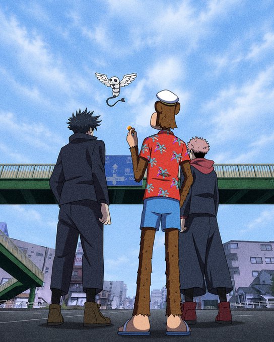 Three anime characters stand with their backs turned beneath a bright sky, gazing up at a small winged creature, with a Japanese road sign in the background. The scene evokes the "New Arc Unlocked" caption, suggesting a fresh chapter or journey beginning for the group.