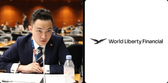 A young man in a suit sits at a formal meeting table beside the "World Liberty Financial" logo, representing the legal dispute referenced in the post about Justin Sun's ongoing lawsuit against the company.
