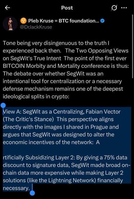 The image shows a post by Pleb Kruse (@DrJackKruse) discussing ideological splits in crypto, specifically the SegWit debate, with highlighted text arguing SegWit artificially subsidized Layer 2 by giving a 75% data discount to signature data, making on-chain data more expensive and the Lightning Network financially necessary. The caption relates to the user's question by contextualizing it within the broader SegWit debate, where "BCHJr" likely refers to a Bitcoin Cash-related proposal representing the opposing view to SegWit's Layer 2-prioritizing approach.