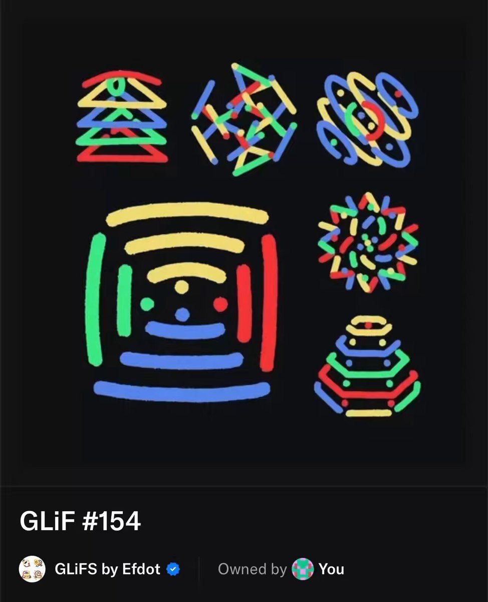 The image features a black background with various colorful shapes drawn using different colors of lines. The shapes include squares, circles, triangles, and other geometric patterns. The text "GLIF #154" is present in the image, which could be related to an artist or a specific artwork. The post also mentions that this piece was created by @EfdotStudio, indicating their involvement in its creation.