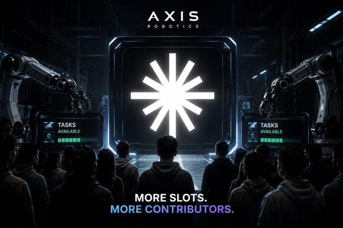A dark, cinematic advertisement for 'AXIS ROBOTICS' showing a crowd of people facing a large glowing star logo and robotic arms, with text reading 'TASKS AVAILABLE' and 'MORE SLOTS. MORE CONTRIBUTORS.'
