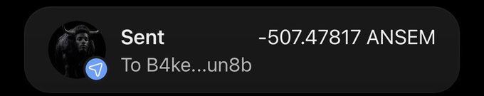 The image shows a transaction confirmation on what appears to be a digital wallet, displaying "-507.47817 ANSEM" sent to an address starting with "B4ke...un8b," matching the post announcing a $100 (507.47817 ANSEM) airdrop sent to the recipient.