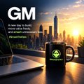 A thumbnail image featuring 'GM' text, a cityscape at sunset, a laptop, and a coffee mug with a logo, likely from a crypto or tech content creator.
