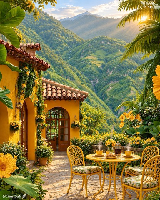 A vibrant Mediterranean-style cottage with yellow walls, terracotta roof tiles, and a patio table set with tea, surrounded by lush greenery and mountains, watermarked '@ChartSufi'.