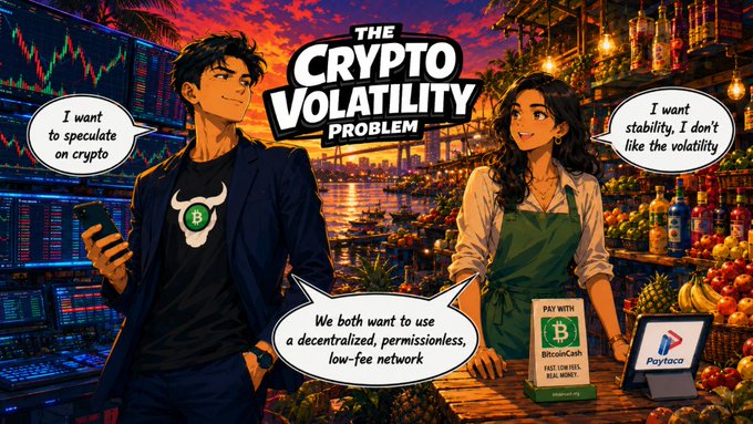 An illustrated graphic titled 'THE CRYPTO VOLATILITY PROBLEM' showing an anime-style man with trading screens saying 'I want to speculate on crypto' and a woman at a market stall saying 'I want stability, I don't like the volatility,' with a shared speech bubble stating they both want a decentralized, permissionless, low-fee network, featuring Bitcoin Cash and Paytaca logos.