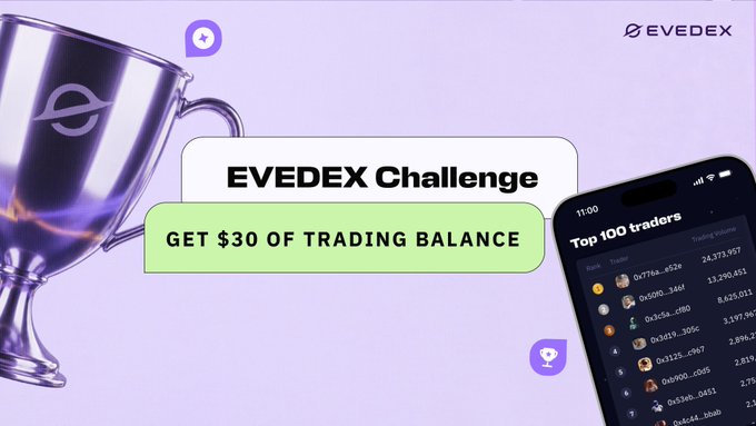 The image is a promotional banner for the EVEDEX trading platform, featuring a silver trophy alongside the EVEDEX logo, with bold text reading "EVEDEX Challenge" and "GET $30 OF TRADING BALANCE," while a smartphone mockup displays the "Top 100 traders" leaderboard by trading volume. The accompanying post announces a giveaway where traders who reach $300K in trading volume on EVEDEX can claim a $30 reward, visually reinforcing the competitive leaderboard concept shown on the phone screen.