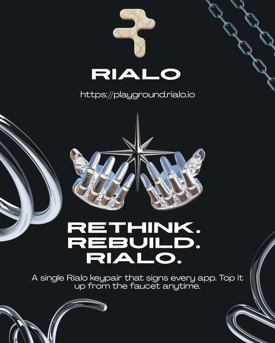 An advertisement for 'RIALO' featuring the URL 'https://playground.rialo.io' and the tagline 'RETHINK. REBUILD. RIALO.' with text describing 'A single Rialo keypair that signs every app.'
