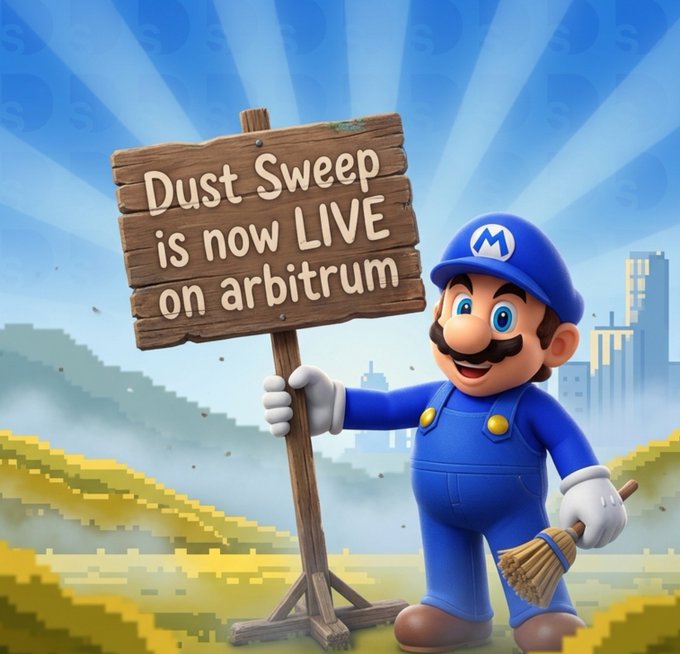 A digital illustration of Mario holding a wooden sign that reads 'Dust Sweep is now LIVE on arbitrum', while carrying a broom.