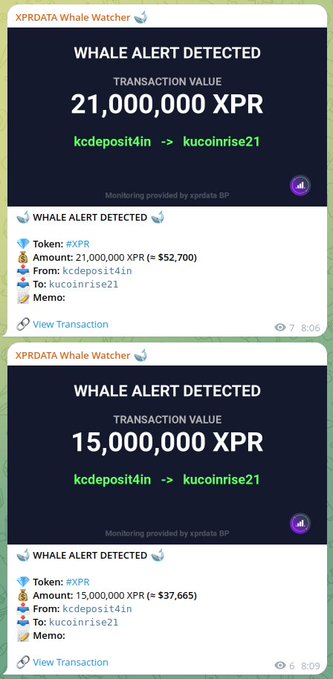 Two XPRDATA Whale Watcher notifications alerting to large XRP token transactions of 21,000,000 XPR and 15,000,000 XPR between cryptocurrency exchanges.