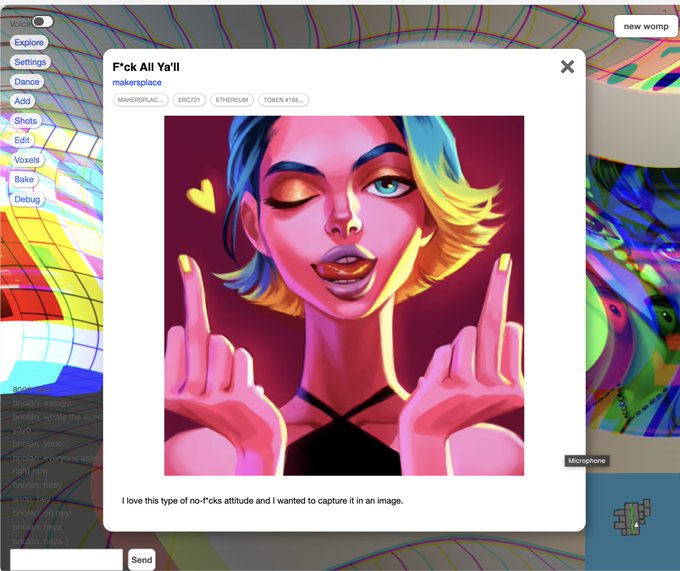 A digital art interface titled 'F*ck All Ya'll' by makerplace displays an AI-generated pop art portrait of a woman winking and making middle finger gestures, with caption 'I love this type of no-f*cks attitude and I wanted to capture it in an image.'