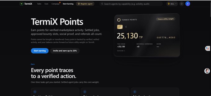 A dark-themed TermiX page titled “TermiX Points,” showing a balance of 25,130 TP and text explaining points earned for verified marketplace activity.