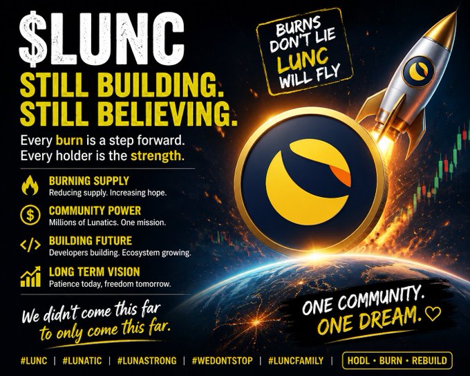 A promotional poster for the cryptocurrency $LUNC declares 'STILL BUILDING. STILL BELIEVING.' with bullet points on burning supply, community power, building future, and long-term vision, alongside a rocket launching past Earth.