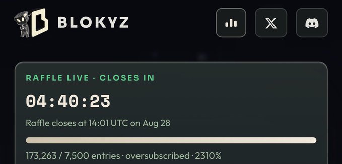 The Blokyz raffle countdown shows 04:40:23 remaining until close at 14:01 UTC on Aug 28, with the raffle massively oversubscribed at 173,263 entries against a 7,500 limit (2,310% over target). The image visually reinforces the post's claim of record-breaking volume, demonstrating the exceptional demand and oversubscription driving the $13M deposited milestone.