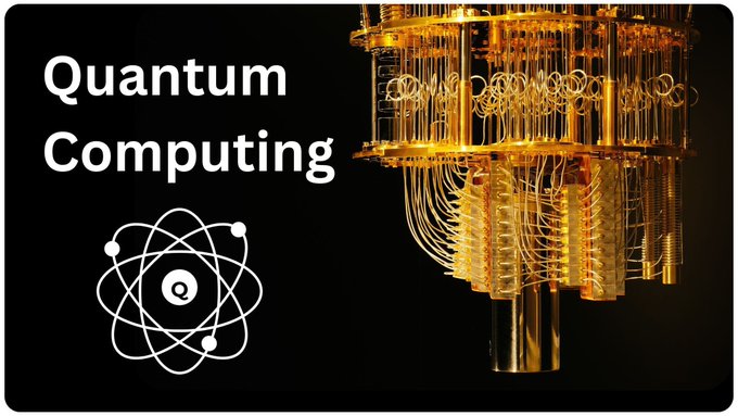 A graphic titled 'Quantum Computing' featuring a white atomic symbol logo alongside a photograph of an ornate, golden quantum computer chandelier.