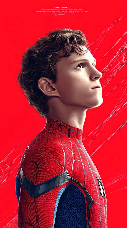 A movie poster showing a young man in a red and blue Spider-Man suit looking upward against a bright red background with wispy strands.