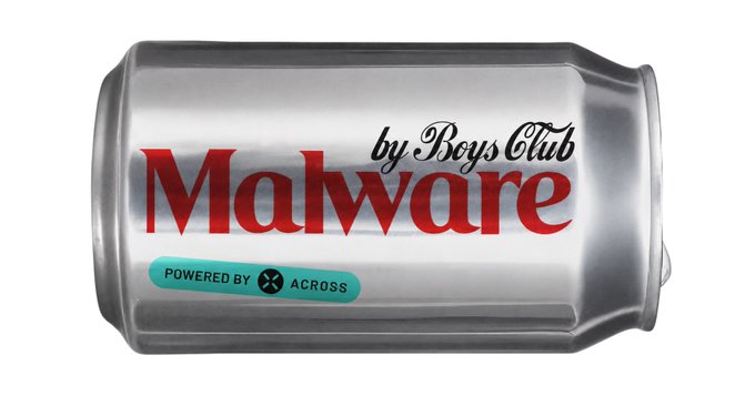 A silver soda can features the text "Malware by Boys Club" in bold red lettering, with a teal badge at the bottom reading "POWERED BY ACROSS," visually announcing Across Protocol's sponsorship of the Malware tech and business newsletter in a playful, beverage-style sponsorship format.