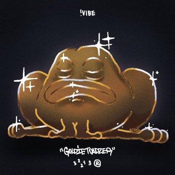 A digital illustration of a golden toad NFT titled 'VIBE GOLDEN TOADZ #1' featuring sparkles against a black background.