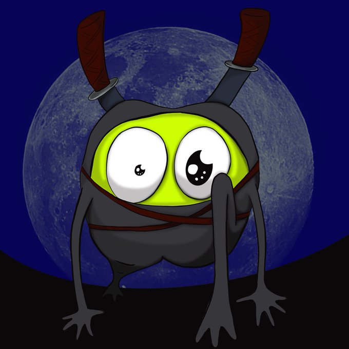 A cartoon illustration shows a green-faced ninja character with large expressive eyes and two swords strapped to its back, standing against a full moon in a dark blue night sky.