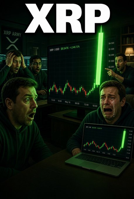 The image shows the XRP logo above a dark room where men are visibly distressed, some crying and holding their heads in anguish while staring at charts showing XRP/USD spiking to $8.5476 (+1,242.72%) in massive green candles. One man points dramatically at a monitor while another weeps over a laptop displaying similar explosive price action, capturing the emotional intensity and anticipation of XRP's monumental breakout that the post alludes to as the moment "grown men cry."