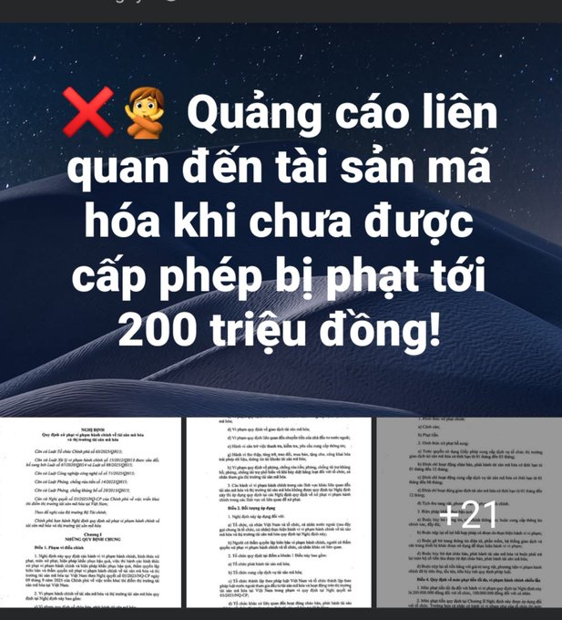 A Vietnamese warning graphic stating '❌ Quảng cáo liên quan đến tài sản mã hóa khi chưa được cấp phép sẽ bị phạt tới 200 triệu đồng!' along with legal text pages and a +21 reference.