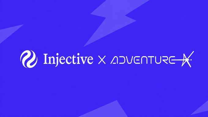 A purple graphic displays the partnership logos "Injective x ADVENTURE" with lightning bolt background elements.