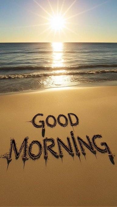 The image features a beach scene with the words "Good Morning" written in black chalk or paint, positioned above the ocean water. This suggests that the photo was taken at sunrise or sunset when the sky has warm colors, creating an atmosphere of tranquility and relaxation. The combination of the beautiful natural setting and the message conveying a positive start to the day makes for an appealing visual experience.