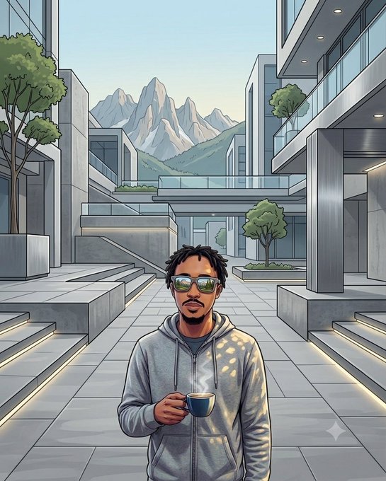 A comic-style illustration of a young man with dreadlocks and sunglasses, wearing a gray hoodie and holding a steaming blue coffee mug, standing in a modern architectural plaza with snow-capped mountains in the background.