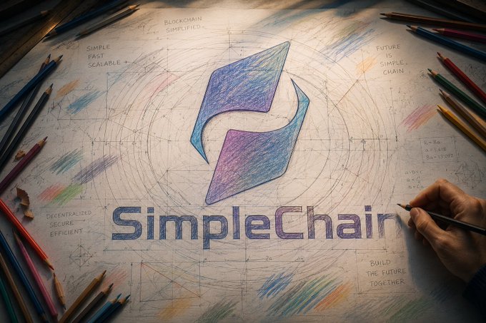 The image features a person's hand holding a pencil, drawing a logo for SimpleChain on a piece of paper with colored pencils surrounding the design. The logo includes a blue diamond shape surrounded by a circle, which is part of the SimpleChain logo. The text "Simplechain" and "RWA revolution needs infrastructure." are also present in the image.