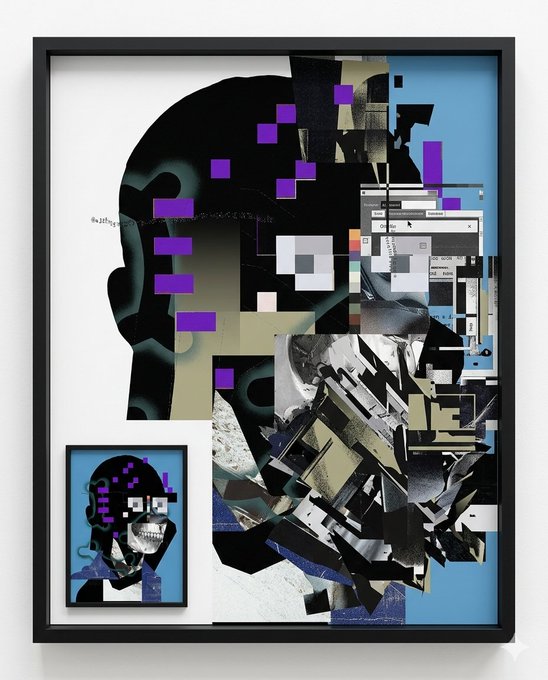The image features an abstract art piece that includes a black and white skull, as well as other elements such as a face, a computer screen, and a picture of a person wearing glasses. The artwork appears to be a collage or mixed media piece with various textures and colors. The post is titled "Now my signal looks more of a degen PFP. What'S with the CHAOS rn @R3ORDR" which suggests that there might have been an issue with the signal, possibly due to interference from other electronic devices or a technical problem.