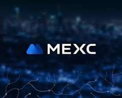 Vertical graphic featuring the MEXC cryptocurrency exchange logo centered against a dark blue background with chart-like line patterns.
