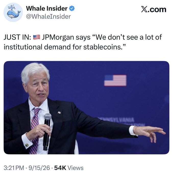 A tweet from Whale Insider (@WhaleInsider) quoting JPMorgan: 'We don't see a lot of institutional demand for stablecoins,' featuring an image of Jamie Dimon speaking.