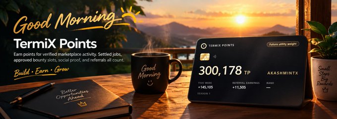 A 'Good Morning' themed promotional banner for 'Termix Points' showing a dashboard with '300,178 TP' points and a user 'AKASHMINTX', featuring a coffee mug and notebook on a wooden table with a sunset landscape background.