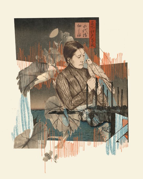 A mixed-media collage artwork showing a vintage-style portrait of a woman holding a white cockatoo, overlaid with striking red drip patterns and Japanese calligraphy in a red box.