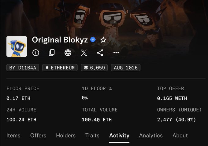 The image displays the NFT collection "Original Blokyz" on the Ethereum blockchain, showing a floor price of 0.17 ETH, 6,059 items, 2,477 unique owners (40.9%), and 24-hour volume of 100.24 ETH. The caption context about staking 3 ETH to claim NFTs reflects on a missed opportunity, aligning with the collection's statistics showing low ETH volume and a modest floor price where some lucky participants secured mints.