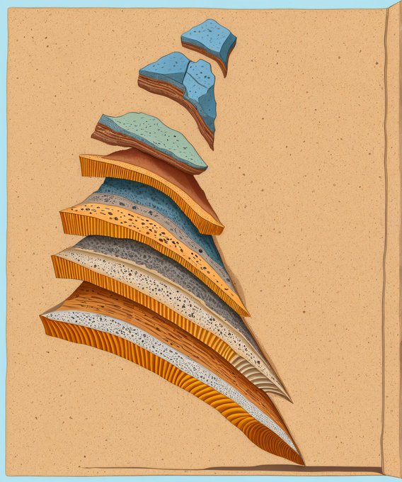 An illustrated cross-section of geological layers separated into floating segments, showing various rock strata in shades of blue, brown, and orange.