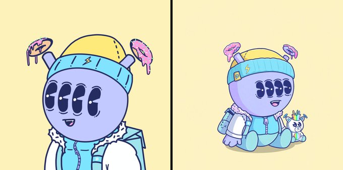 Two cartoon illustrations of a purple alien-like character wearing a teal beanie with dripping donuts on the antennae and a light blue jacket.