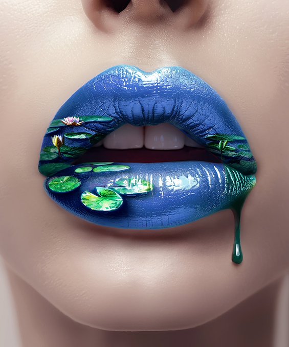 A close-up artistic photograph of lips painted in blue with a Monet-style water lilies scene, featuring a green drip falling from the corner of the mouth.