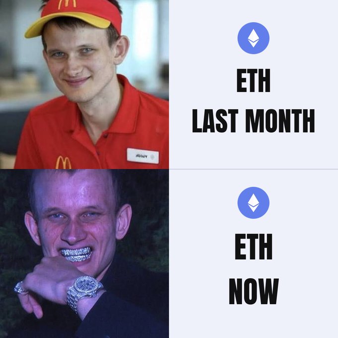 A "McDonald's cashier to crypto king" meme showing a transformation from a modest fast-food worker in a McDonald's uniform ("ETH LAST MONTH") to a flashy, jewelry-laden figure ("ETH NOW"), humorously illustrating Ethereum's surge past $2,400 as if its holders transformed from broke to wealthy overnight.