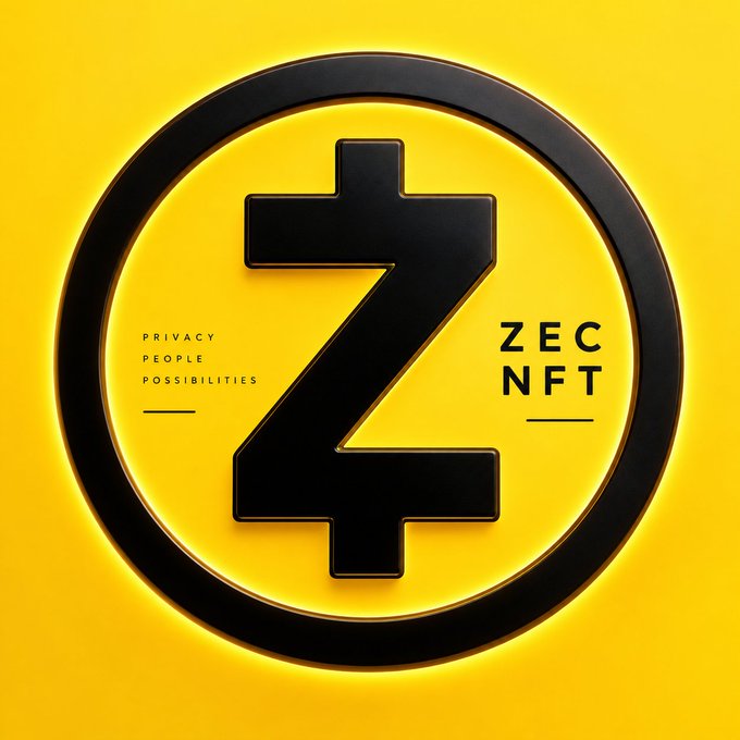 A 3D-rendered yellow coin featuring a black 'Z' symbol with text reading 'PRIVACY PEOPLE POSSIBILITIES' and 'ZEC NFT'.
