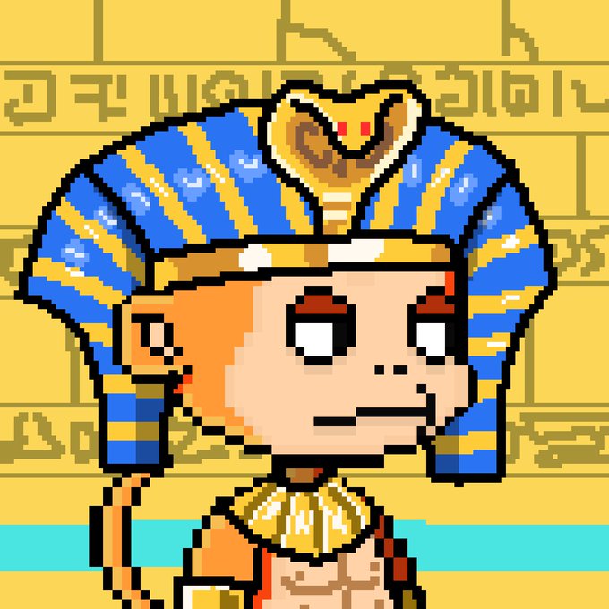 A pixel-art portrait of a nahktfu monkey character wearing an Egyptian pharaoh-style headdress with a golden cobra emblem, set against a hieroglyph-covered temple background. The illustration effectively conveys the "no WL" sentiment of the post, as the solemn, excluded-looking monkey wears a distinctly unfavored, non-whitelist crown character.