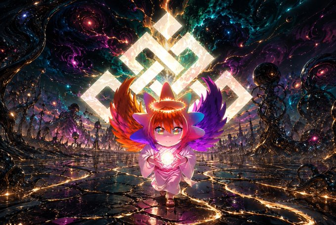 A vibrant fantasy illustration of a winged, haloed anime character holding a glowing orb, standing before a large white geometric symbol against a swirling cosmic background.